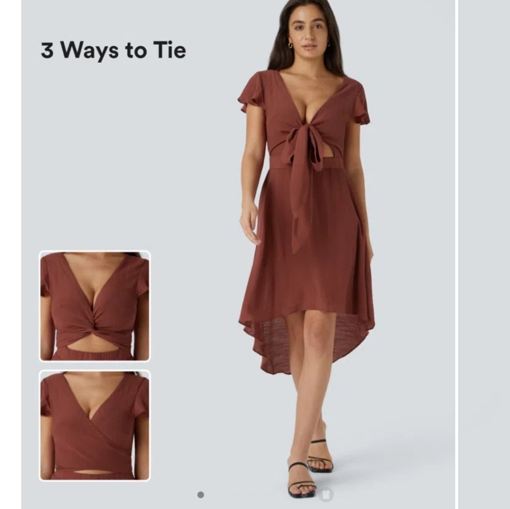 HALARA Brown High-Low Tie Front Dress
